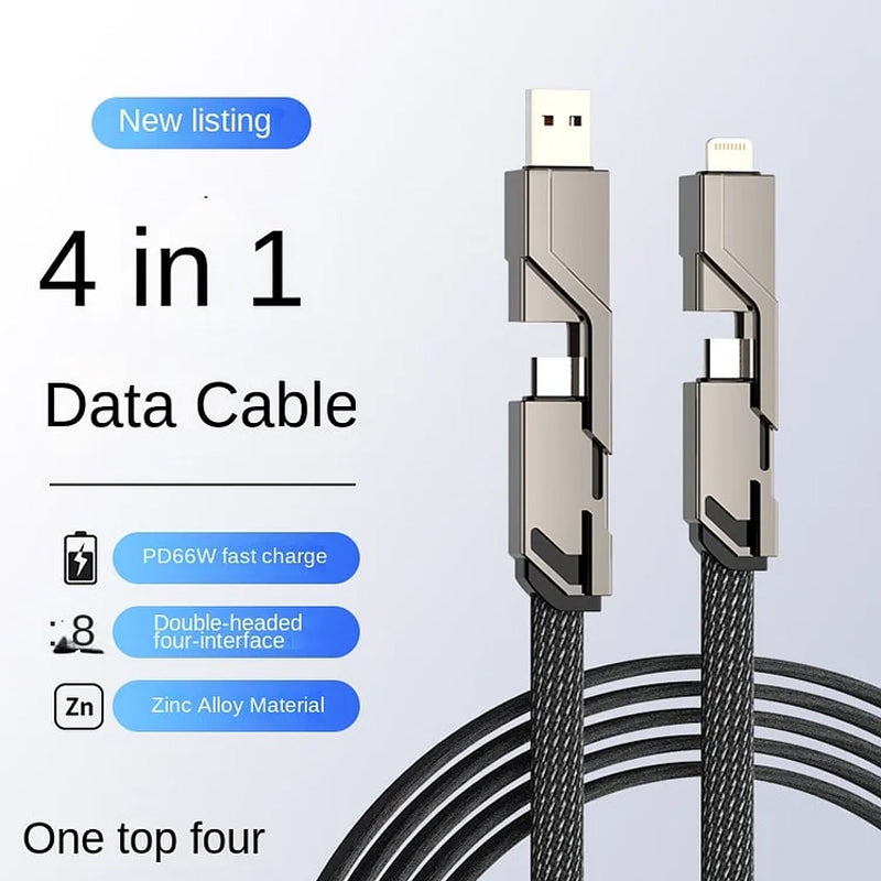 Cable de carga antienredos trenzado plano 4 en 1 con cierre de velcro