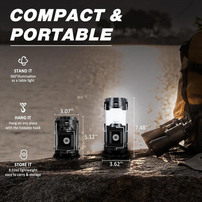 💥 HALV PRIS — KUN I DAG! ⛺️ Genopladelig solcelledrevet campinglygte – sammenklappelig LED, IPX4 vandtæt 💡 Magnetisk fod og sammenklappelig krog 🏔️ Perfekt til camping, vandreture og strømafbrydelser 🔋