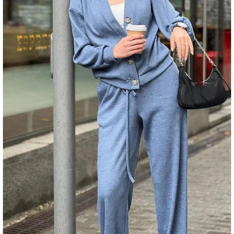 Conjunto de dos piezas de chaqueta y pantalón abotonados de punto para mujer