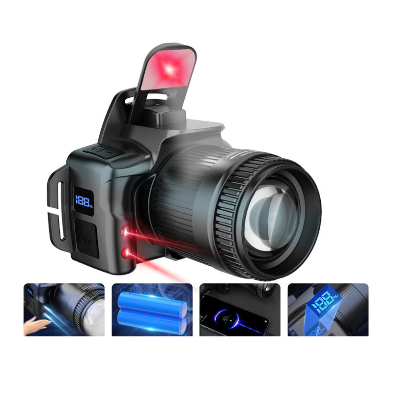Linterna frontal LED con zoom, 6 modos y sensor de movimiento