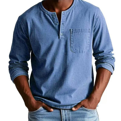Camisa de manga larga con bolsillo desgastado vintage para hombre