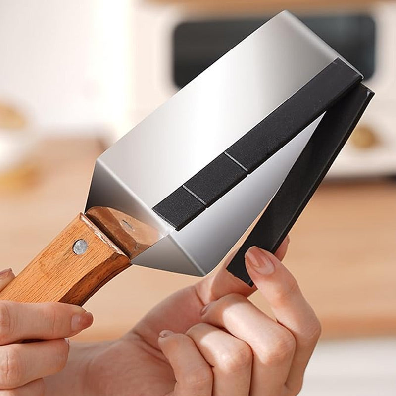 Cortafrutas triangular de acero inoxidable con mango de madera para cocina