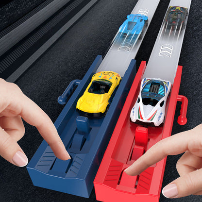 Pista de carreras con lanzador de coches de juguete doble para niños