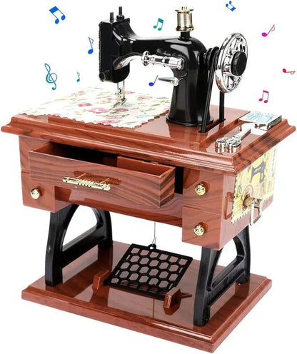 Mini Caja de Música en Forma de Máquina de Coser de Madera