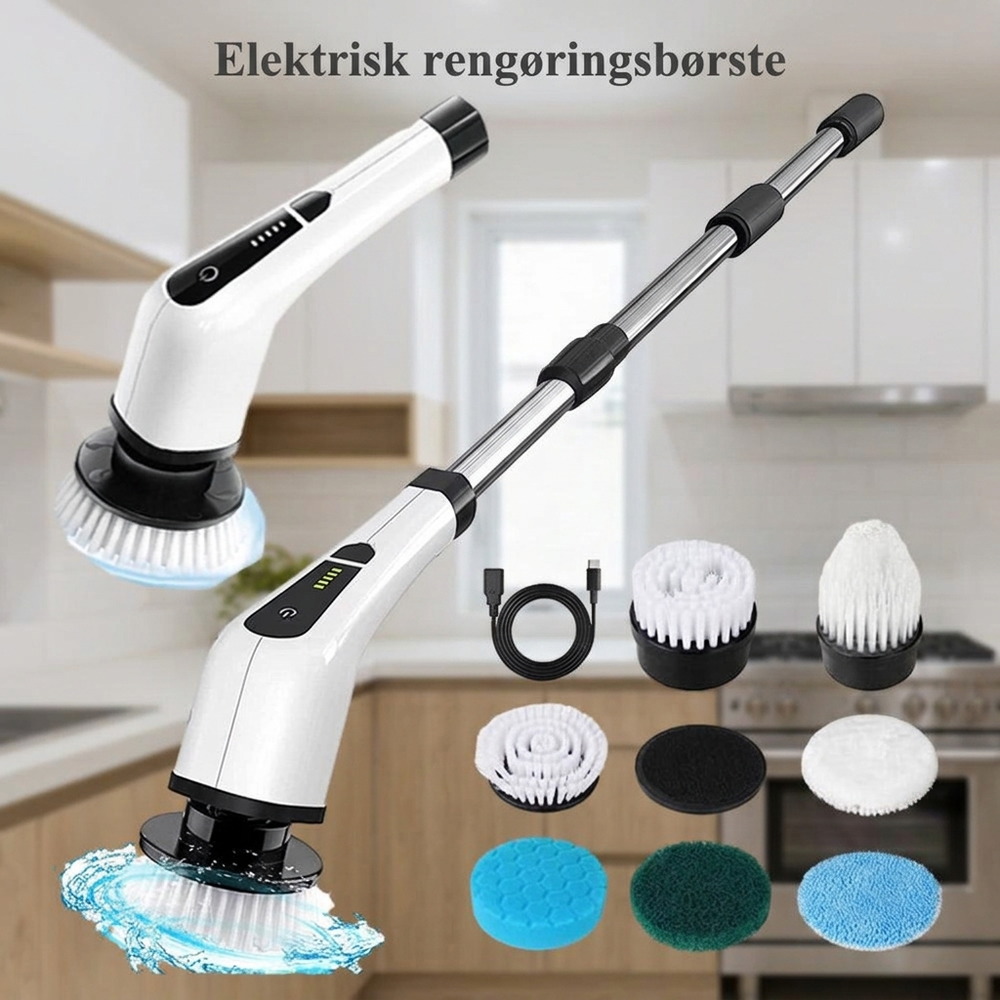 🧼 PROMOTION - FLASH : 50% RABAT ! Trådløs elektrisk roterende rengøringsbørste med teleskopskaft og 7 hoveder, dobbelt hastighed og 2500 mAh batteri til nem rengøring af alt fra gulv til loft ✨