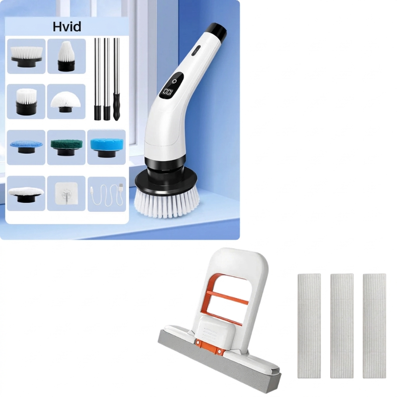 🧼 PROMOTION - FLASH : 50% RABAT ! Trådløs elektrisk roterende rengøringsbørste med teleskopskaft og 7 hoveder, dobbelt hastighed og 2500 mAh batteri til nem rengøring af alt fra gulv til loft ✨