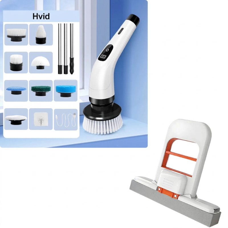 🧼 PROMOTION - FLASH : 50% RABAT ! Trådløs elektrisk roterende rengøringsbørste med teleskopskaft og 7 hoveder, dobbelt hastighed og 2500 mAh batteri til nem rengøring af alt fra gulv til loft ✨